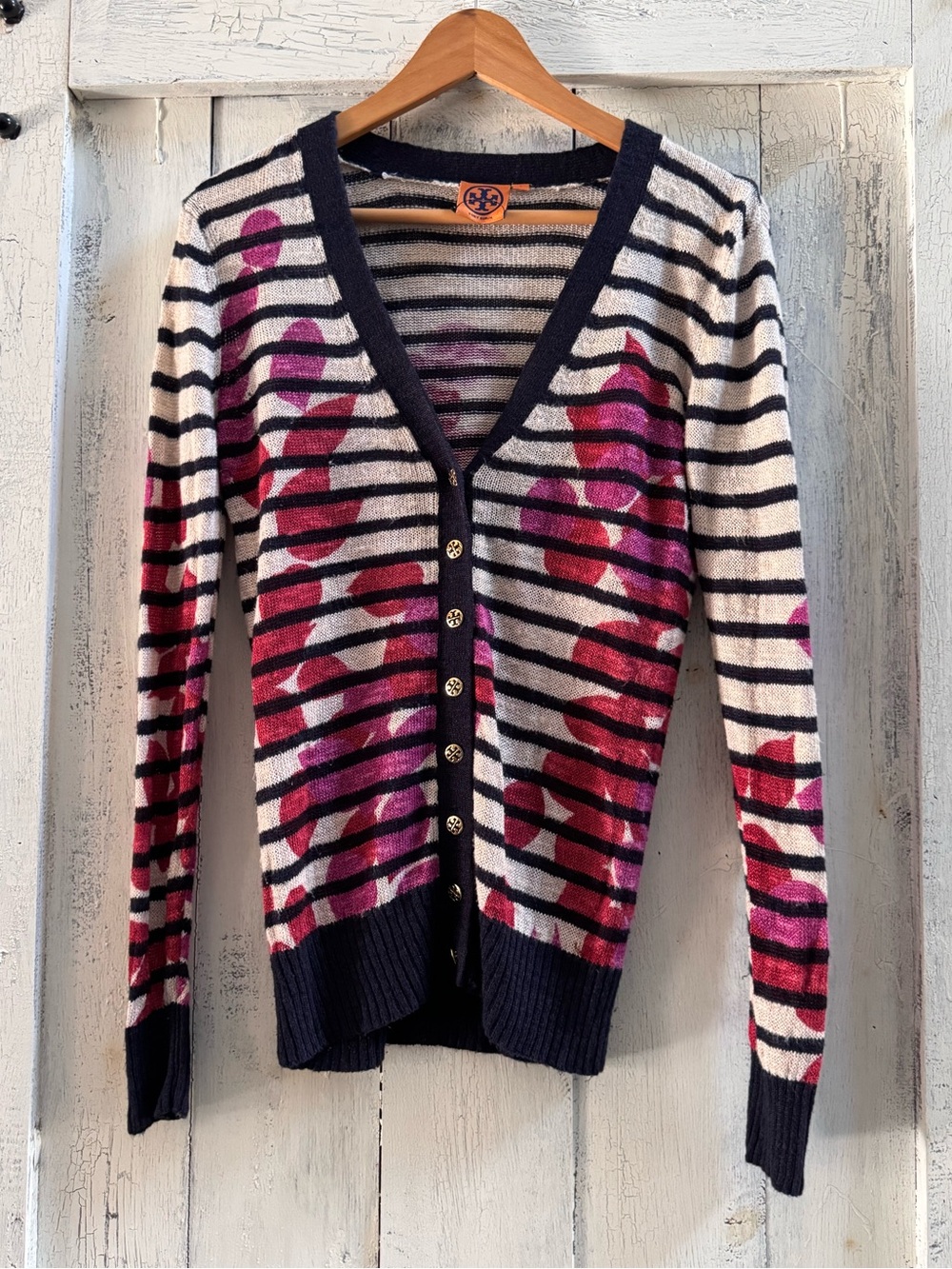 Tory Burch linen sweater navy Pink Floral Striped V-Neck sweater S M